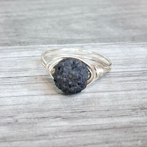 Lava Rock Beaded Ring, Stackable Stone Wire Ring, Size 8